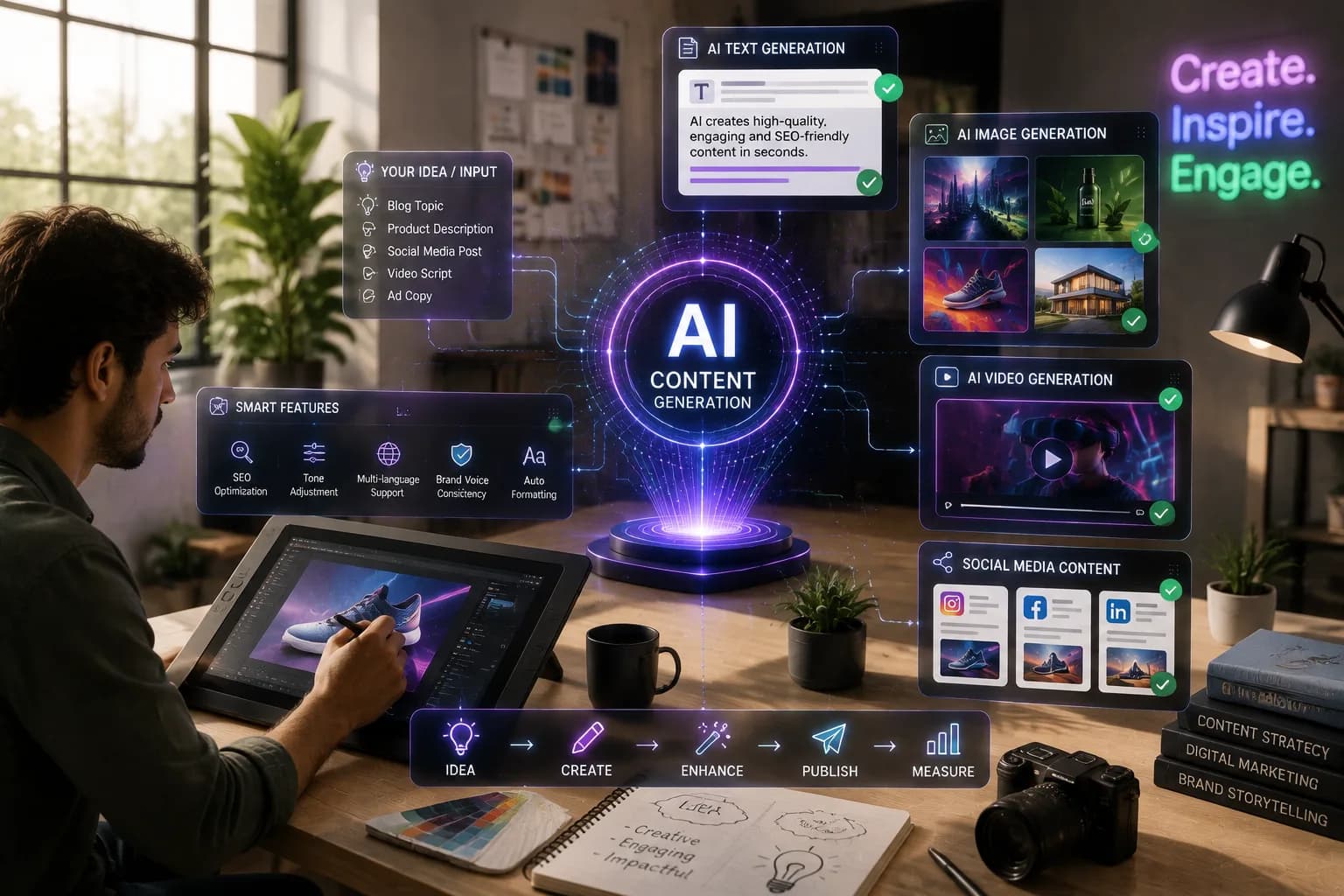 A designer shooting product photography while an AI content system drafts matching blog posts, social captions and ad copy around the same products