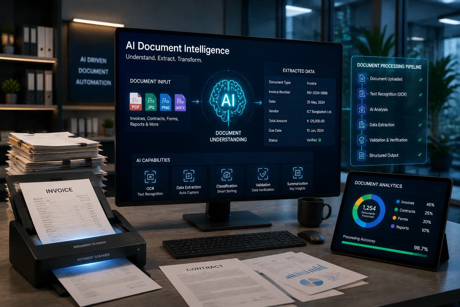 Scanned invoices and contracts stacked beside a screen showing the same data — vendor, amount, date and status — already extracted and structured