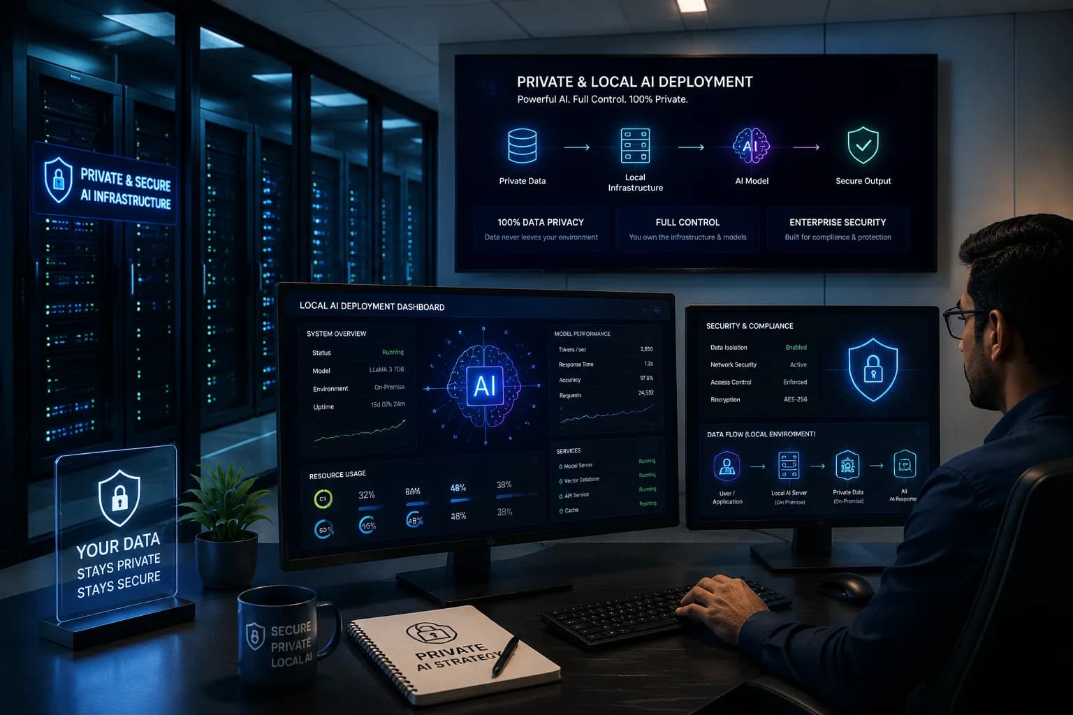 An engineer monitoring an on-premise AI deployment dashboard in a server room, confirming the model runs entirely inside the company's own infrastructure