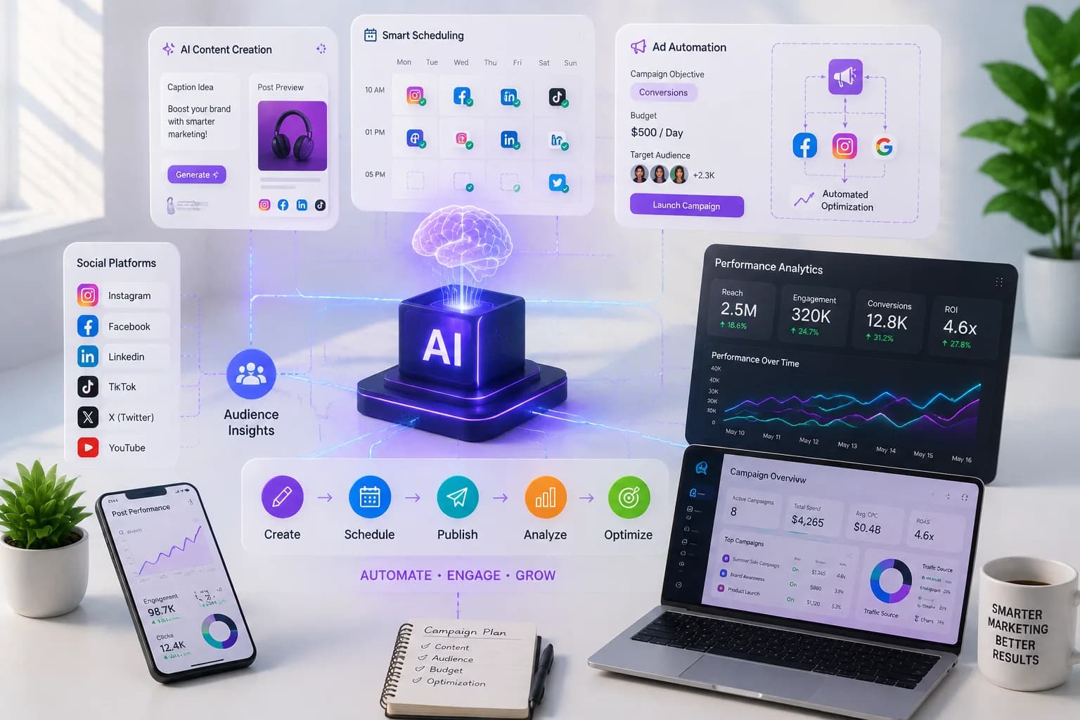 A marketing dashboard tracking automated comment replies, ad performance and audience insight across Facebook, Instagram and other channels