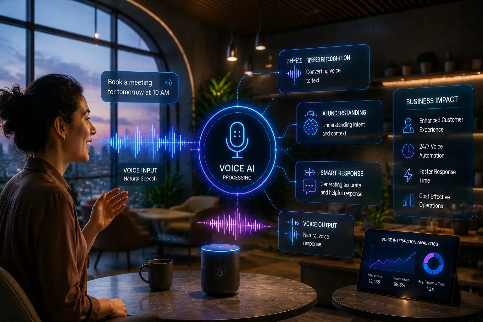 A caller speaking to a voice assistant, with the conversation stages — listening, understanding and replying — shown alongside them